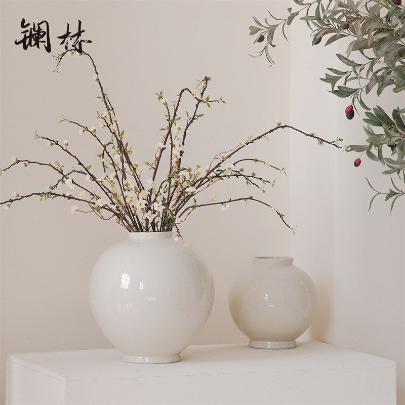 新中式白色陶瓷大肚花瓶复古陶罐摆件干花民宿装饰禅意插花花器