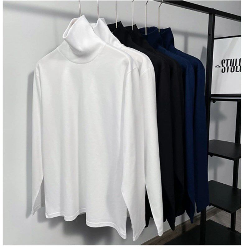 重磅纯棉T恤女高领套头全棉男女白色长袖打底衫大码宽松半高领冬