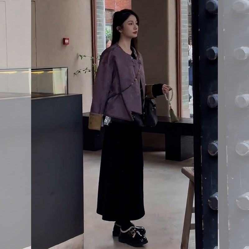 新中式唐装女装中国风紫色提花外套女春秋年轻款高端宋锦盘扣上衣