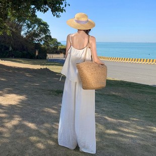 海边度假旅游穿搭白色漂亮套装女夏季吊带上衣休闲阔腿裤子两件套