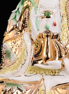 南海观音菩萨佛像家居供奉摆件手工彩绘坐莲花观音佛像陶瓷工艺