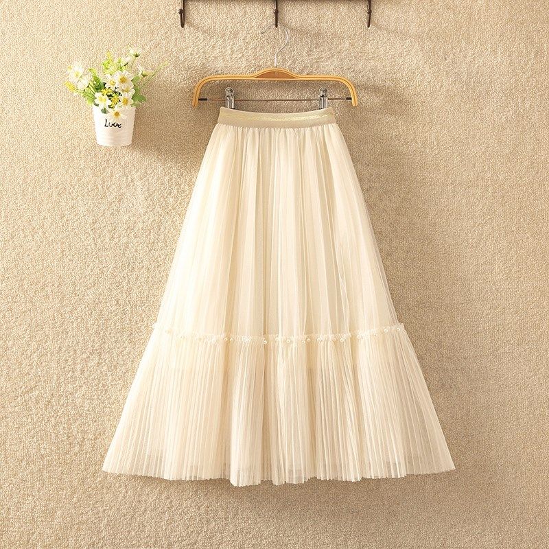 女童百褶网纱裙半身裙2024年夏装新款儿童白色中长款仙气钉珠长裙