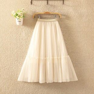 女童百褶网纱裙半身裙2024年夏装新款儿童白色中长款仙气钉珠长裙