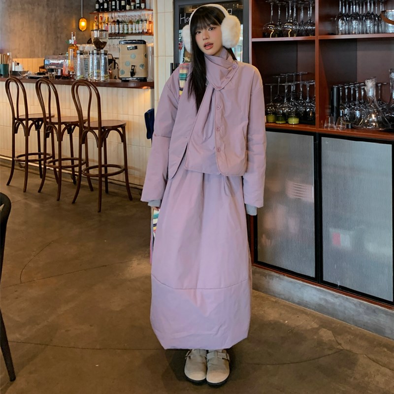 大码女装2024冬季胖mm设计感百搭棉服外套送围脖+半身裙休闲套装