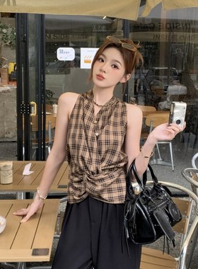 格纹露肩扭结挂脖无袖背心上衣女夏季高腰西装休闲阔腿裤两件套潮