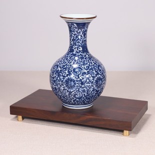 黑檀木新中式 饰木托定制 铜脚实木底座茶承花瓶铜摆件工艺品家居装