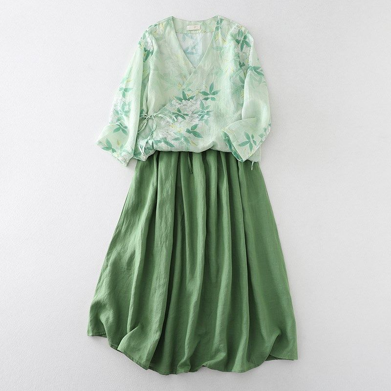 新中式国风改良宋制汉服汉元素绿色衬衫上衣搭配半身裙女两件套装