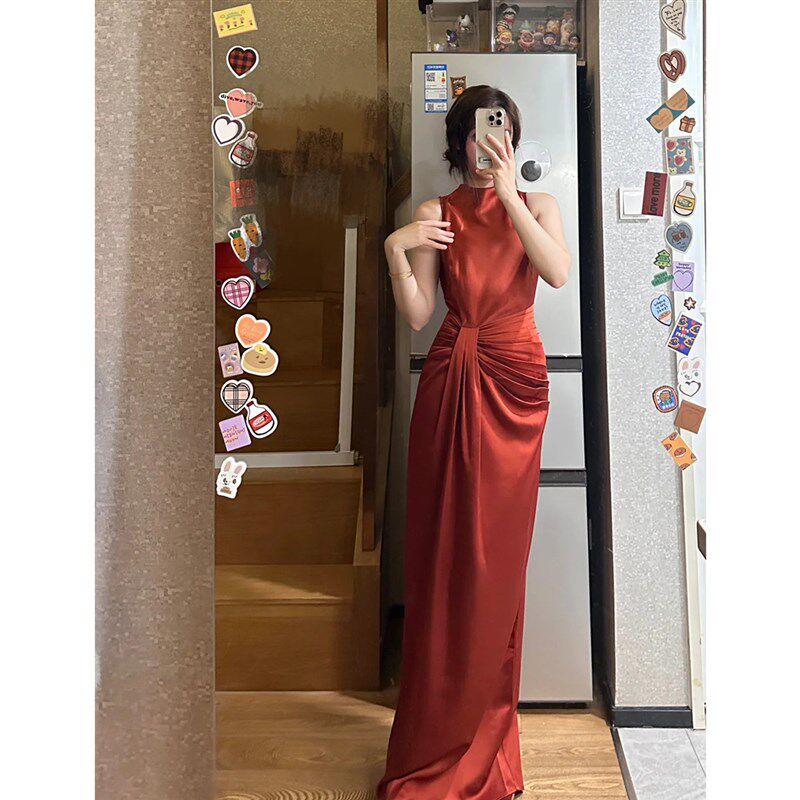 新中式晨袍女新娘无袖旗袍敬酒服红色订婚礼服裙夏结婚便装出阁宴