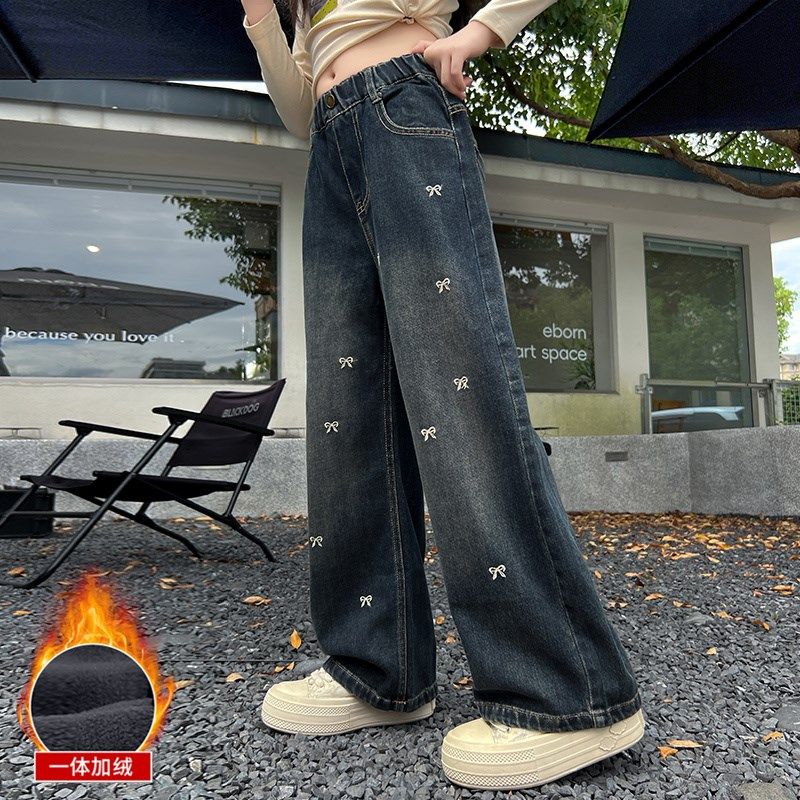 女童牛仔裤秋冬2024新款11岁大童加绒加厚冬季直筒裤10女孩阔腿裤