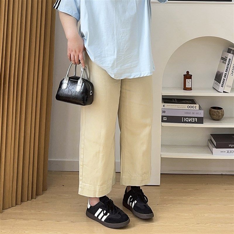 大码梨形身材高腰直筒牛仔裤女胖mm宽松显瘦复古百搭九分阔腿裤子