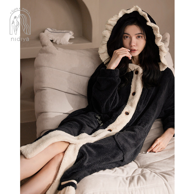 妮狄娅2022睡衣睡袍女秋冬季加厚保暖珊瑚绒带帽中长款浴袍家居服