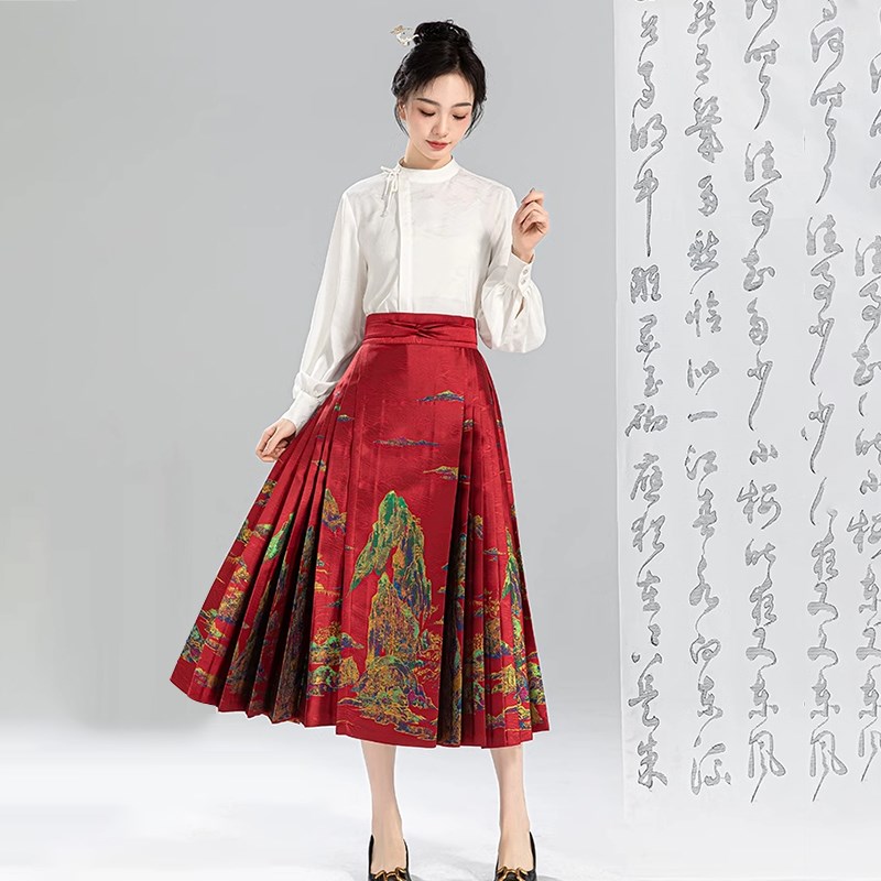 无衣饮羽【千里江山】中式幻彩螺钿马面裙汉服女八分中长款小个子