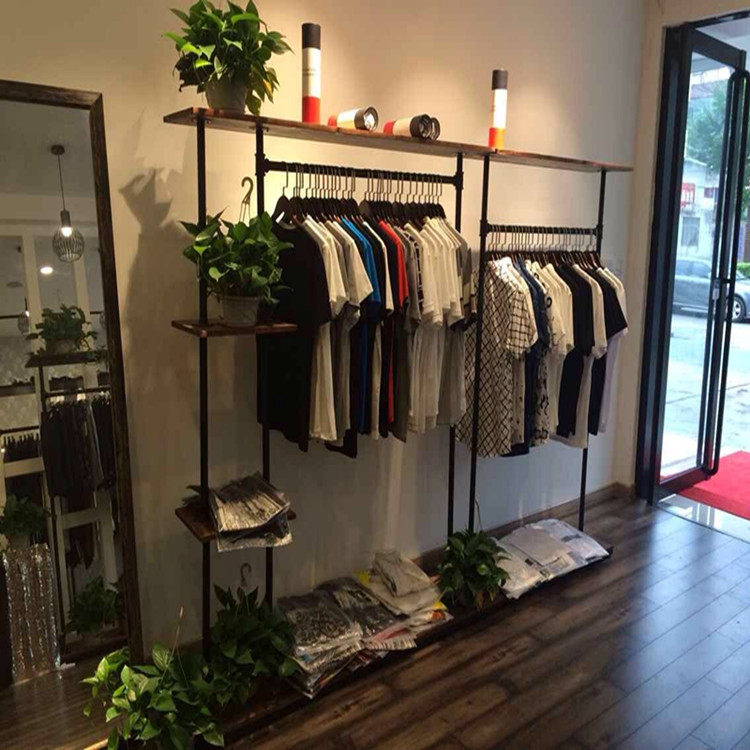 铁艺复古服装店展示架落地式货架组合服装架子实木挂衣架正挂侧挂