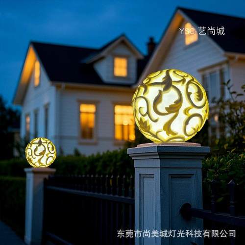 创意设计人造砂岩别墅酒店树脂透光草坪装饰仿古石灯太阳能柱头灯