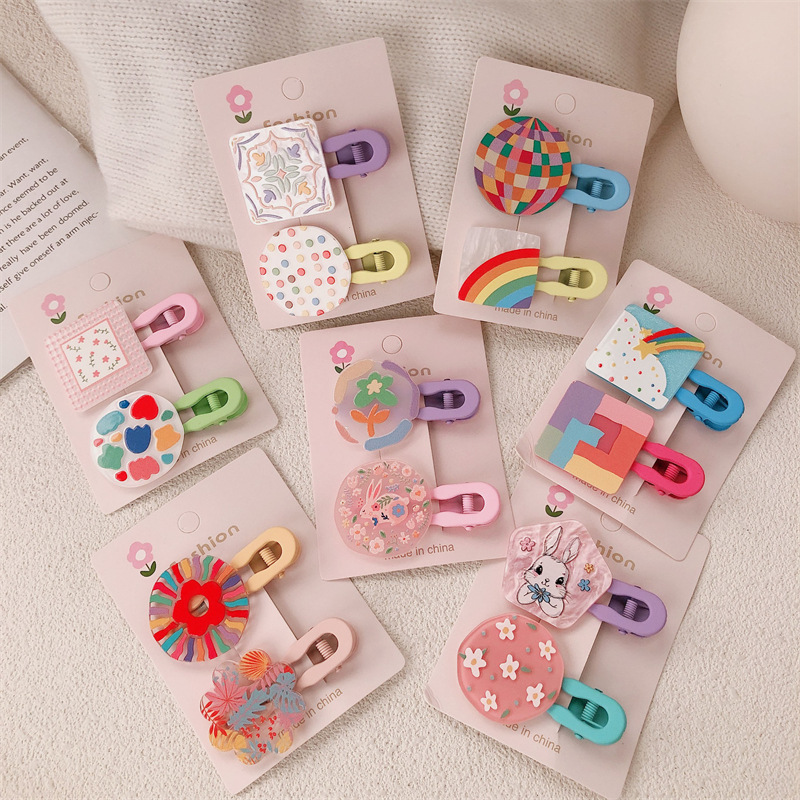 韩系儿童奶油糖果色印碎花格纹大号鸭嘴夹女童亲子喷漆彩色对夹