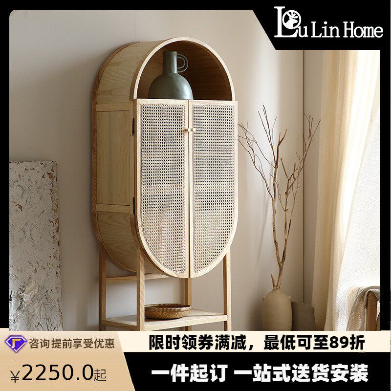 实木餐边柜侘寂风客厅储物柜北欧家用藤编置物柜靠墙双门收纳柜子