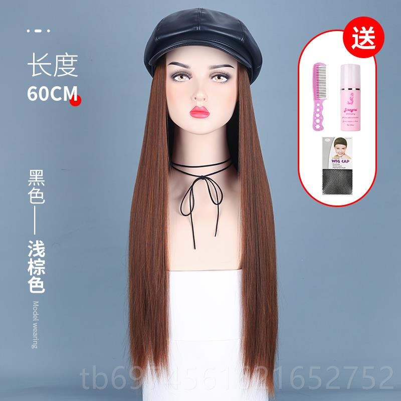 新款网红P皮假帽发一女体海军帽子八角贝雷帽时尚U秋冬款中长卷发