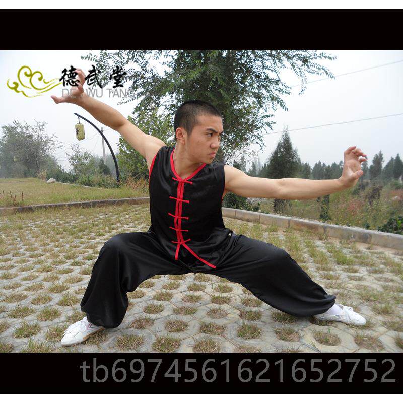 新款色红边南拳服武男术夏服练功服表演服训练服春黑无袖黑黄