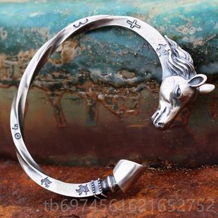开口银手镯泰银复 维京士战镯s92纯银马头5形男古款 新款 手工马镯款