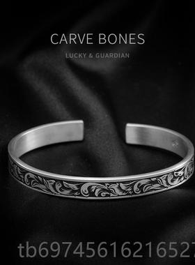 新款刻骨手工林精雕925纯银配饰s情侣个性饰礼物轻赛奢品开口唐草