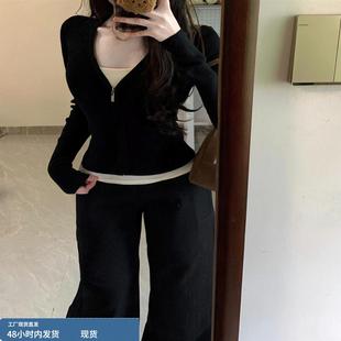 300斤大码 假两件长袖 2025新款 胖mm韩系黑色开衫 纯欲 T恤女秋季 修身