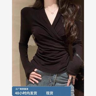 秋季 掐腰v领交叉气质打底衫 女装 胖mm修身 300斤加大码 2025新款 法式