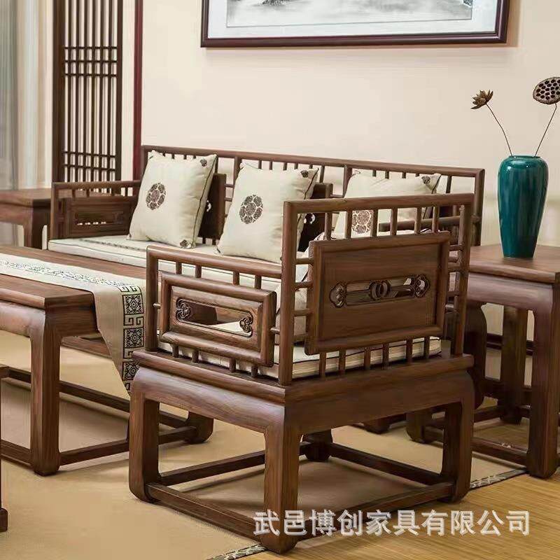 新中式老榆木奥迪沙发六件套三人位沙发组合客厅酒店民宿罗汉床图片