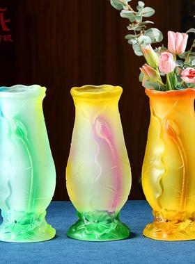 藏村琉璃花瓶莲花浮雕供佛花瓶插花一对家用桌面供奉佛前摆件