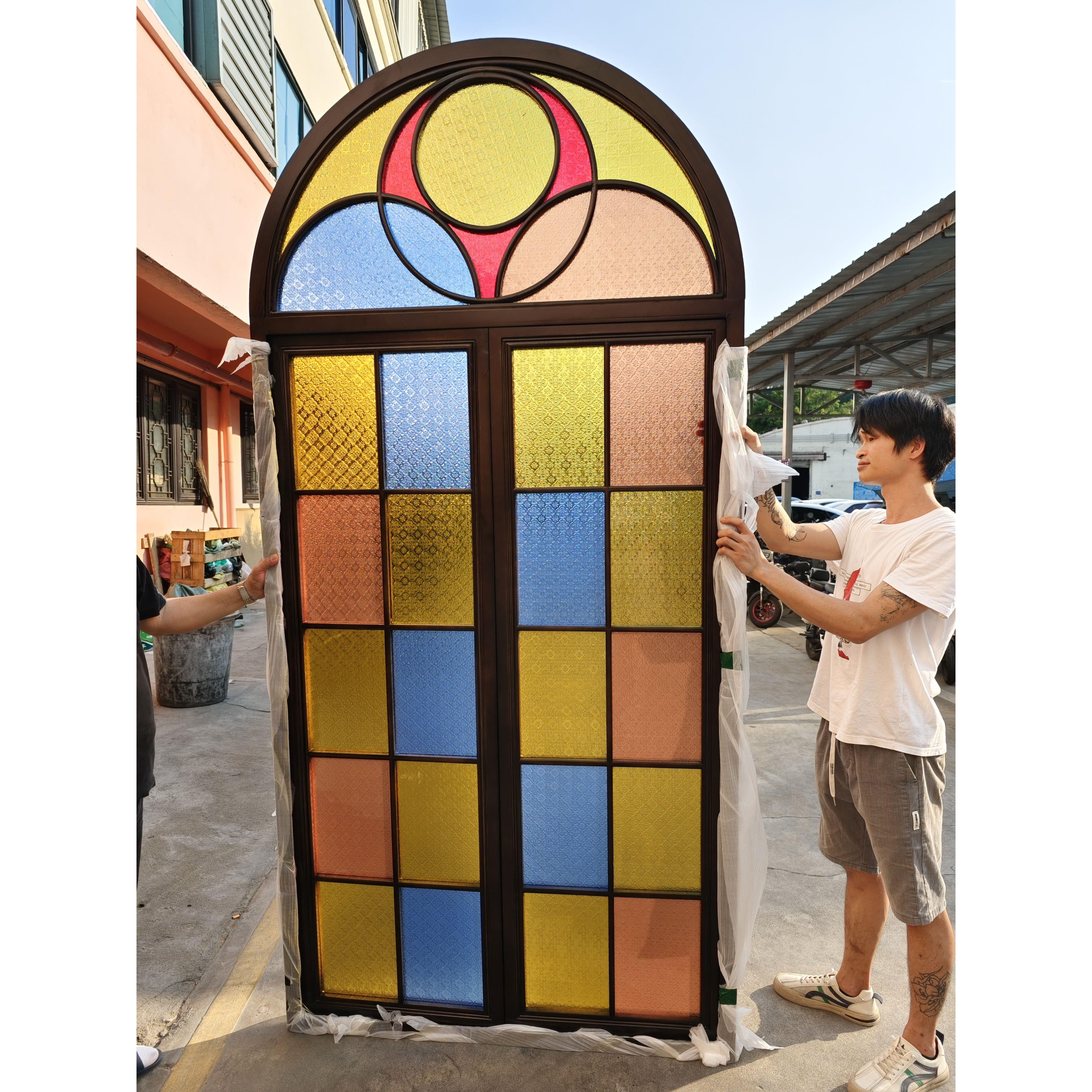 仿古满洲窗搭配彩色压花工艺玻璃实木框架海棠花钢化玻璃屏风隔断