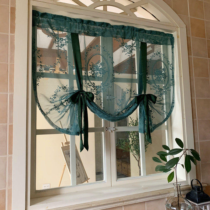 定制美式纱帘提拉帘升降帘窗帘窗纱免打孔安装魔术贴短帘半帘隔断