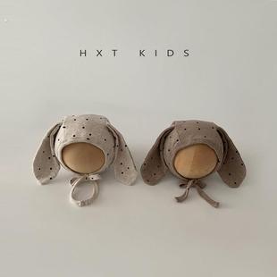 婴儿护耳帽春秋季洋气波点长耳朵小月龄婴幼儿宝宝秋天系带帽子潮