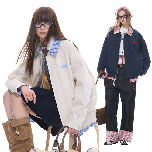 【现货】ZEXO复古翻领图案刺绣拼接格子下摆假两件开衫夹克外套潮