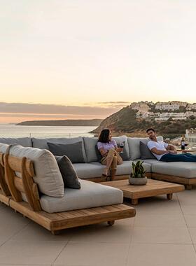 户外柚木沙发庭院花园露天北欧实木懒人藤编休闲沙发茶几组合家具