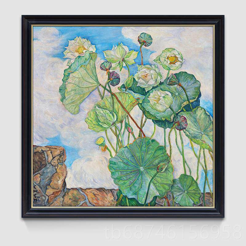 新款微风中的荷 静物花卉油画 客新中式简约花轻奢餐厅玄厅关挂画