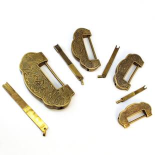 中式仿古柜子箱子挂锁老式复古黄铜铸造刻花插销锁横开结婚元宝锁