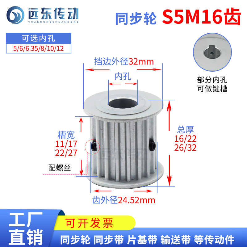 S5M16齿两面平无台16S5M同步轮齿外径24.52槽宽11/17/22/27皮带轮