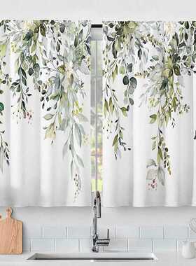 2PCS森系田园风护眼绿色系数码打印窗帘卧室厨房客厅书房窗户装饰