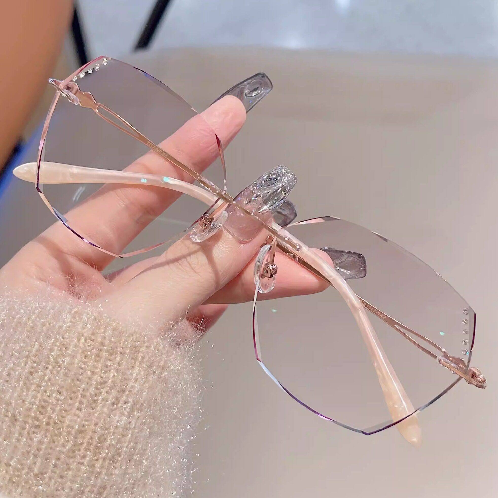 【素希】红宝石●无框钻石切边纯钛近视眼镜女款超轻时尚百搭韩版