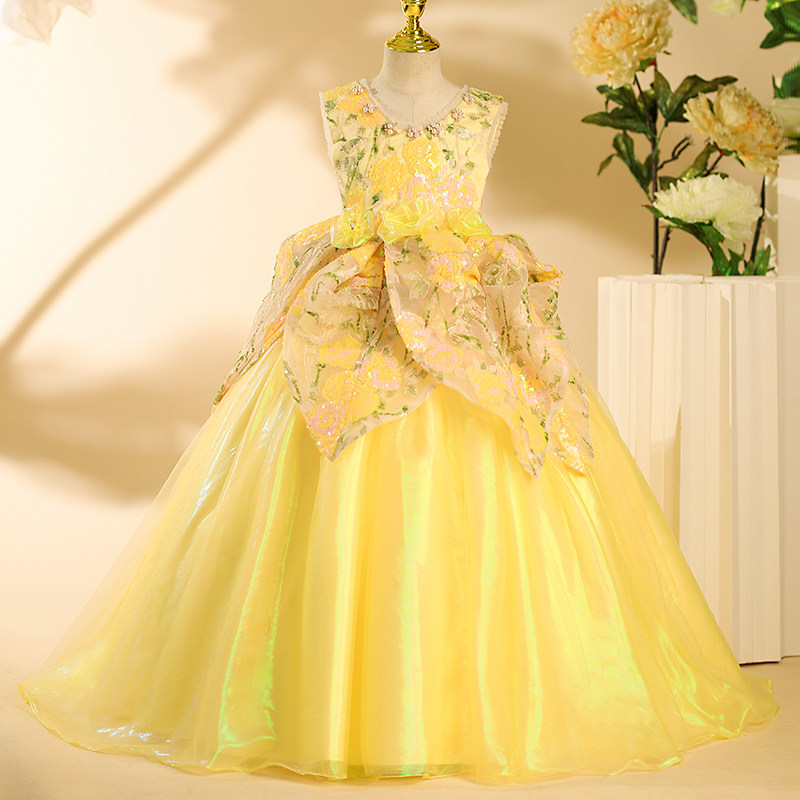 女童礼服模特走秀拖尾黄色儿童小主持人高端舞台小女孩钢琴演出服