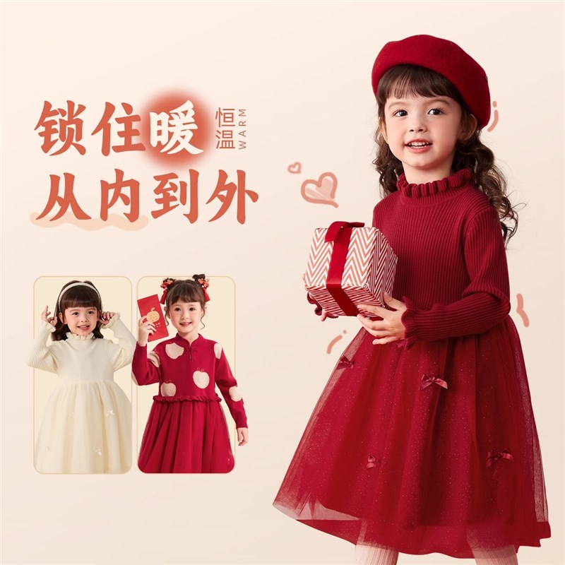 女童新年连衣裙儿童网纱裙宝宝红色公主裙2025女孩高级感过年礼服