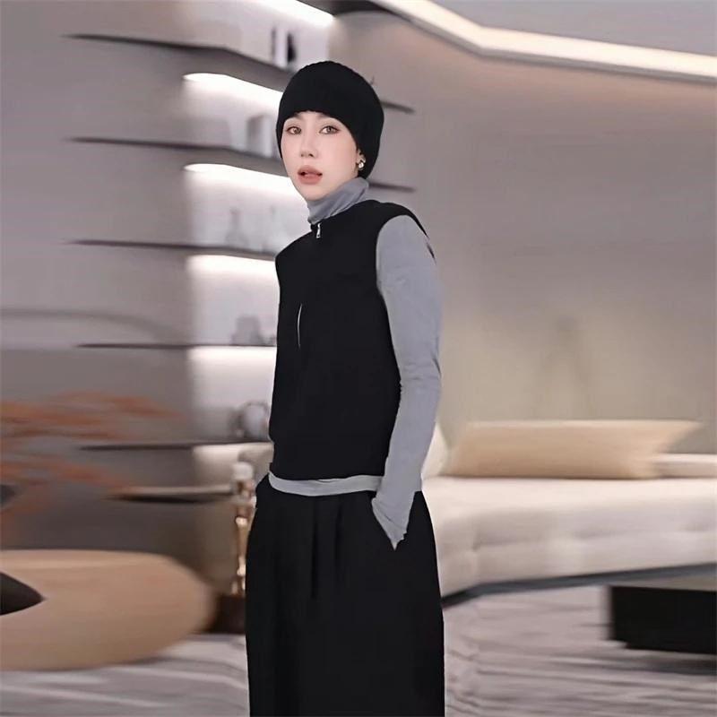 极简冷淡风半拉链无袖针织马甲女春季新款简约长袖内搭上衣两件套,女装/女士精品,时尚套装,淘宝优惠券,粉丝福利购,淘宝优惠卷