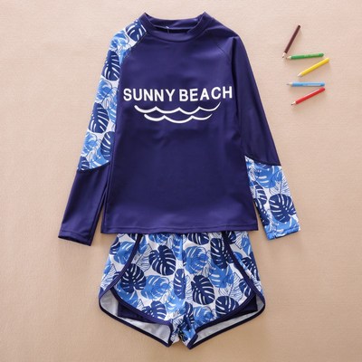 女童长袖泳衣学生12中大童分体平角裤游泳衣儿童防晒泳装女孩15岁