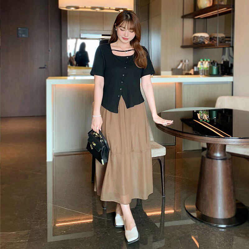 甜辣上衣胖mm夏装大码梨形身材穿搭套装微胖显瘦女装雪纺半身裙子