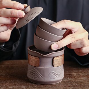 紫砂旅行茶具套装便携式快客杯户外旅行露营随身高端泡茶一壶三杯