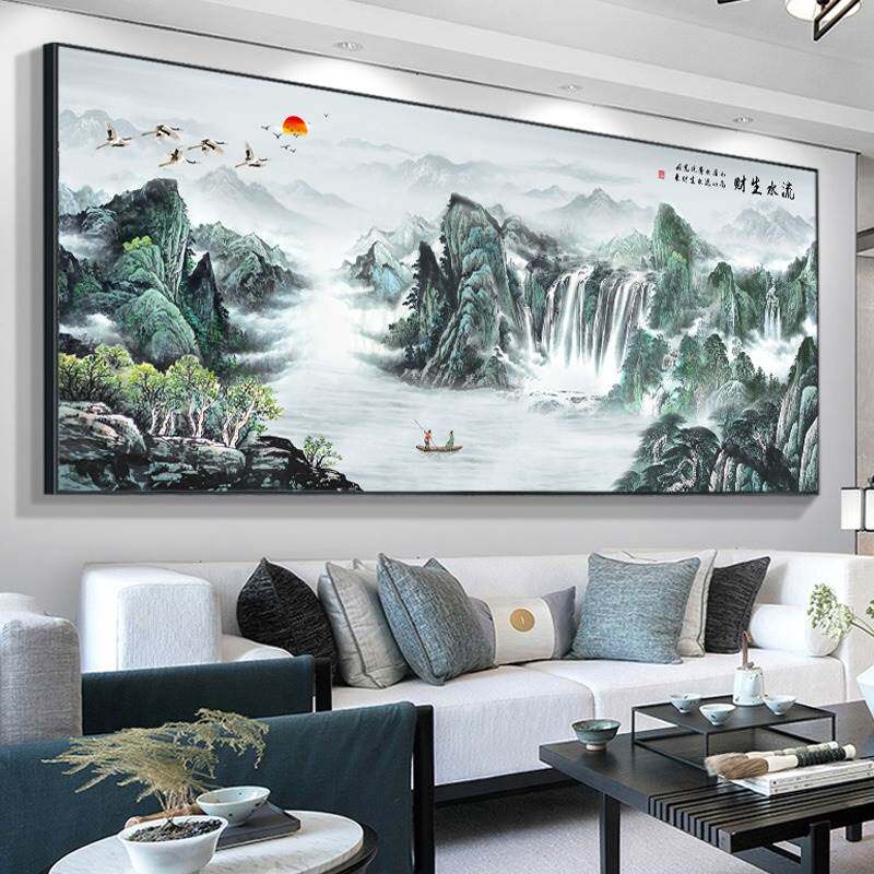 风景山水客厅画聚财靠山办公室公司装饰画沙发背景墙挂画茶室壁画