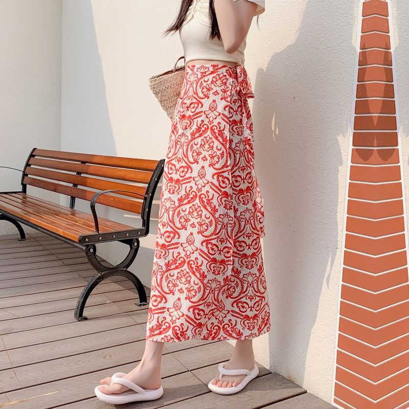 夏季一片式系带半身裙女装新款度假防晒开叉裹裙包臀雪纺碎花长裙