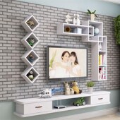 创意简约实木格子免打孔装 饰置物架搁板层架电视背景隔板墙壁挂架