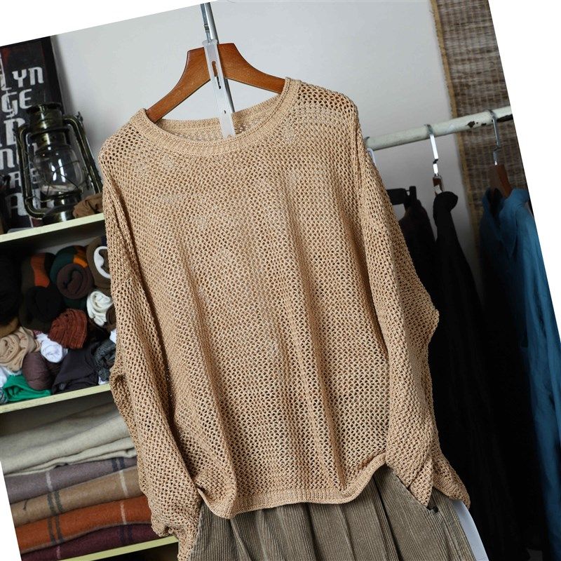 春装新款长袖圆领套头薄款毛衣宽松勾花春秋款上衣针织镂空罩衫女
