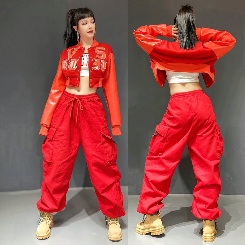 秋冬美式红色工装裤嘻哈街舞套装女团服装演出服爵士跳舞衣服显瘦