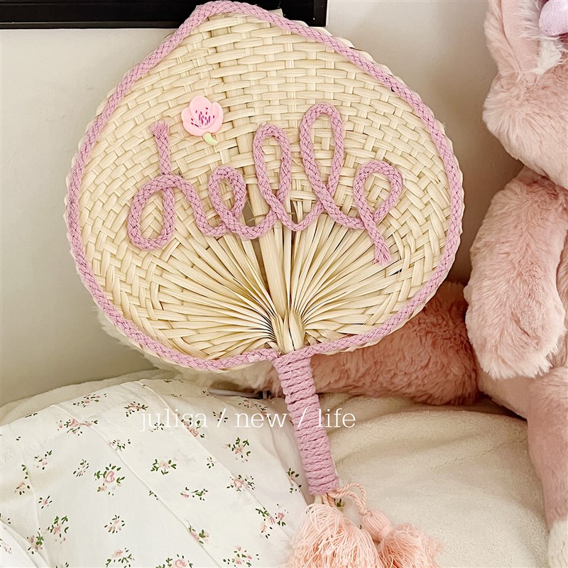 纯手工制作diy夏日蒲扇粉色流苏爱心扇子手持复古便携编织手柄扇
